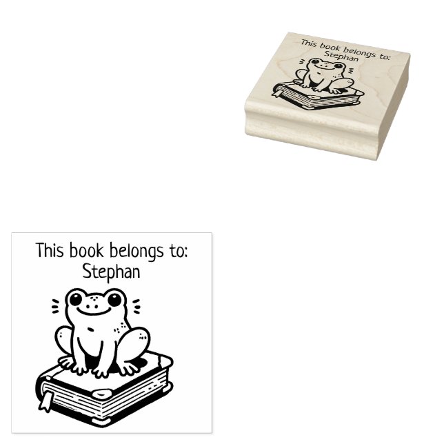 This Book Belongs To" Frog on Book  Rubber Stamp (Stamped)