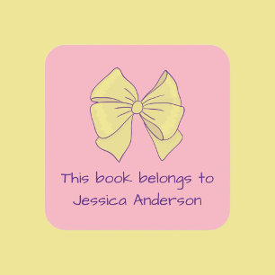 This Book Belongs to Girl's Name Bow Pink Yellow Square Sticker