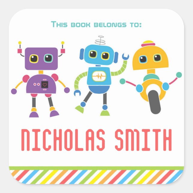 This book belongs to labels, robot bookplate square sticker (Front)