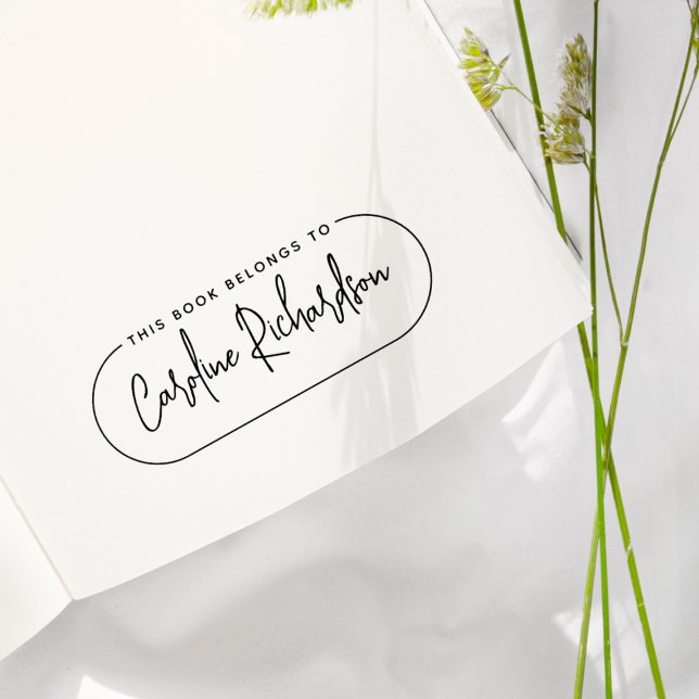 This Book Belongs To Modern Script Name Bookplate Rubber Stamp (Stamp Mockup)