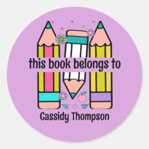 This book belongs to pencil kids bookplate classic round sticker