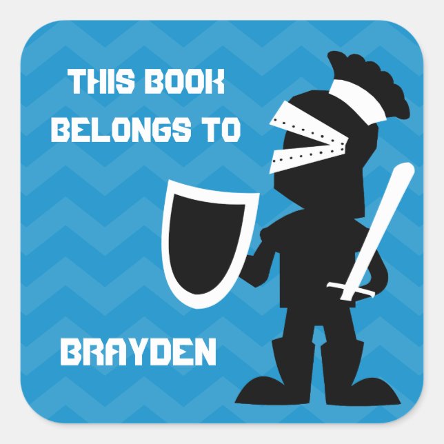 This Book Belongs To Personalised Blue Knight Boys Square Sticker (Front)