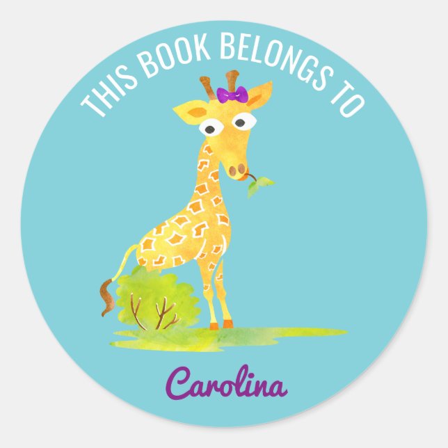 This Book Belongs To Personalised Kids Giraffe Classic Round Sticker (Front)