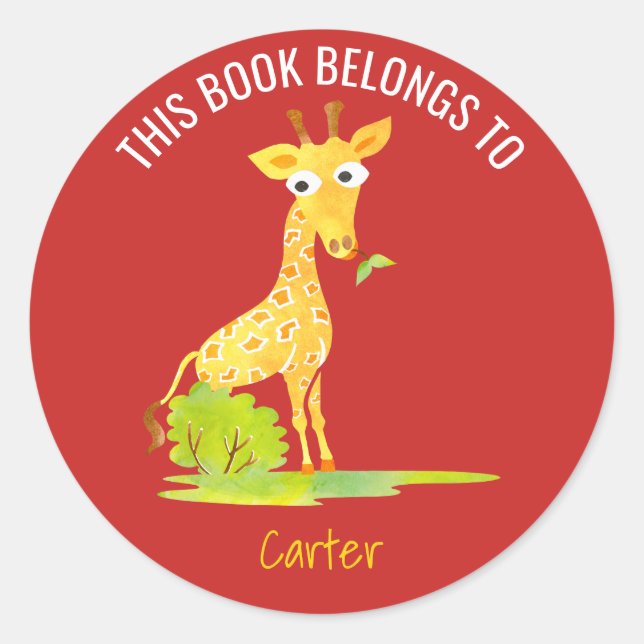 This Book Belongs To Personalised Kids Giraffe Red Classic Round Sticker (Front)