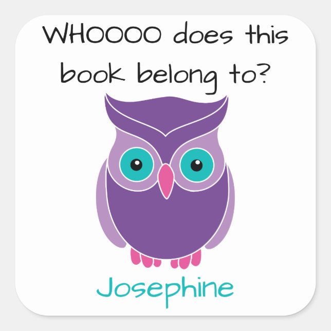 This Book Belongs To Personalised Purple Owl Kids Square Sticker (Front)