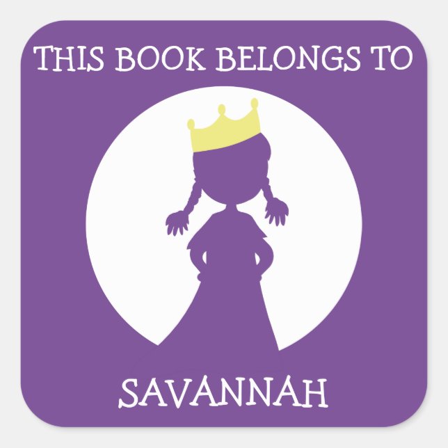 This Book Belongs To Personalised Purple Princess Square Sticker (Front)