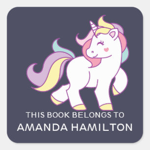 THIS BOOK BELONGS TO PINK CUTE UNICORN SQUARE STICKER