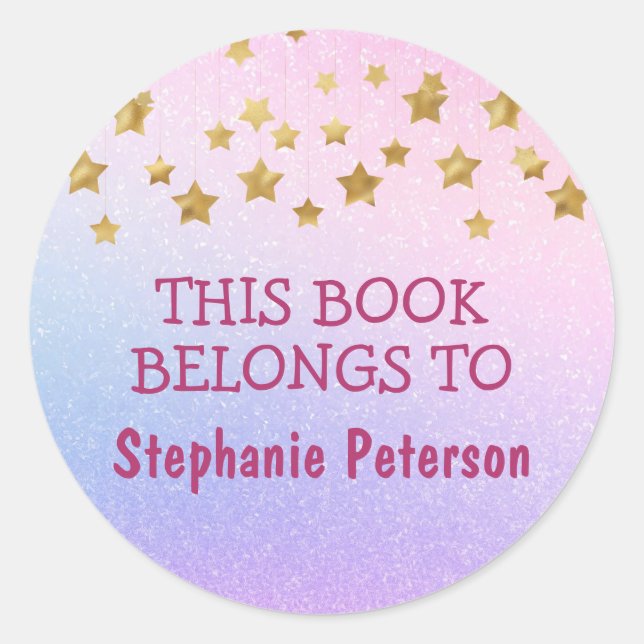 This Book Belongs To - Pink Glitter Gold Stars Classic Round Sticker (Front)