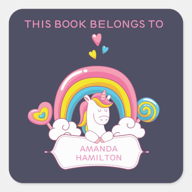 THIS BOOK BELONGS TO PINK TRENDY UNICORN RAINBOW SQUARE STICKER (Front)