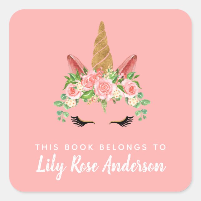 This Book Belongs To Pink Unicorn Bookplate Square Sticker (Front)