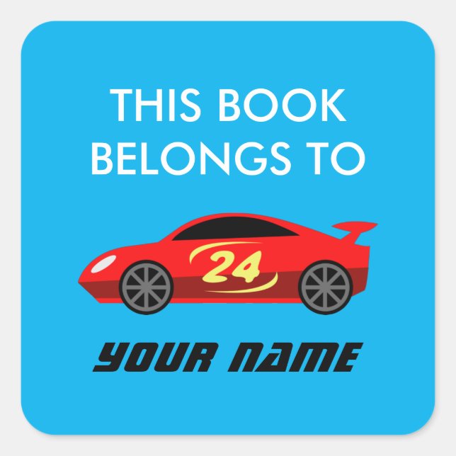 This book belongs to red racecar custom bookplate square sticker (Front)