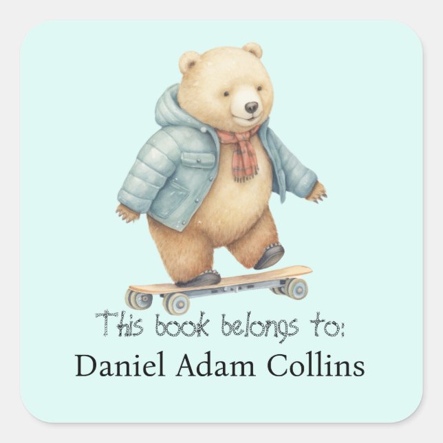 This book belongs to Teddy bear on skate board Square Sticker (Front)