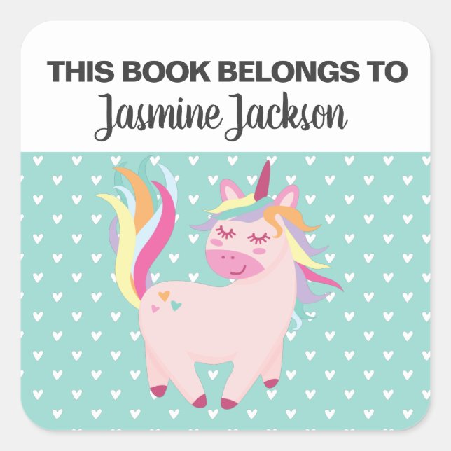 This book belongs to w/ rainbow unicorn & hearts square sticker (Front)