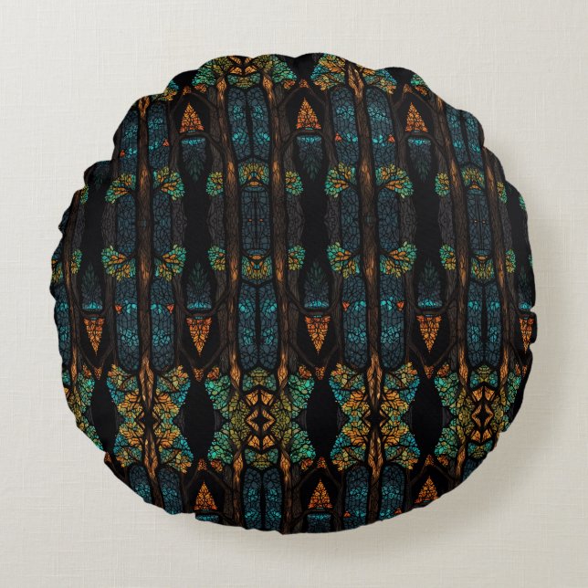 This captivating artwork features a stained glass  round cushion (Front)