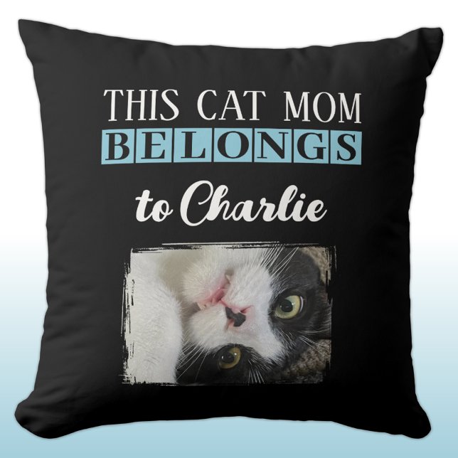This cat mum belongs to name photo black blue cushion (Creator Uploaded)