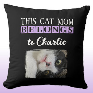 This cat mum belongs to name photo black purple cushion