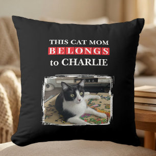 This cat mum belongs to name photo black red cushion