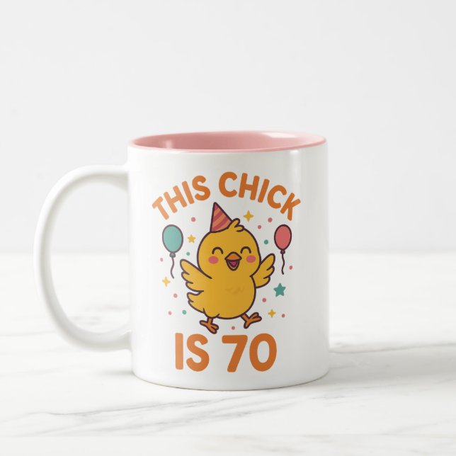 This Chick is 70 Cute & Fun Birthday Two-Tone Coffee Mug (Left)