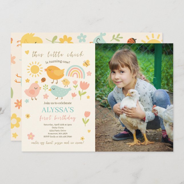 This Chick Is Turning One Farm 1st Birthday Photo Invitation (Front/Back)