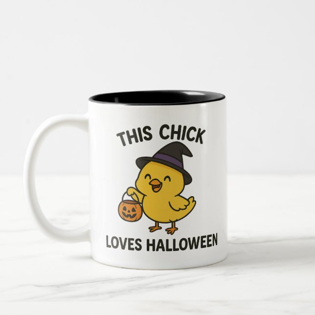 This Chick Loves Halloween Funny Two-Tone Coffee Mug (Left)