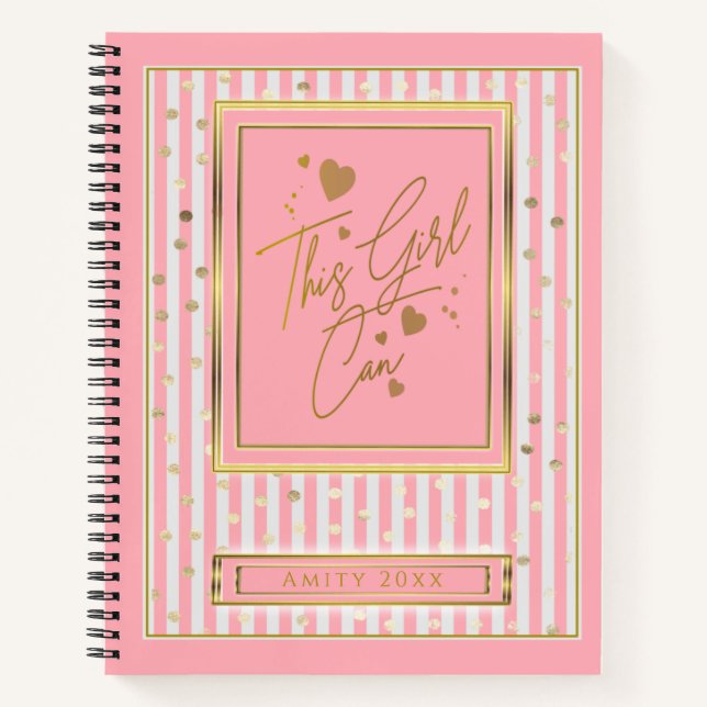 This Girl Can Pink & White Stripes Gold Polka Dot  Notebook (Front)
