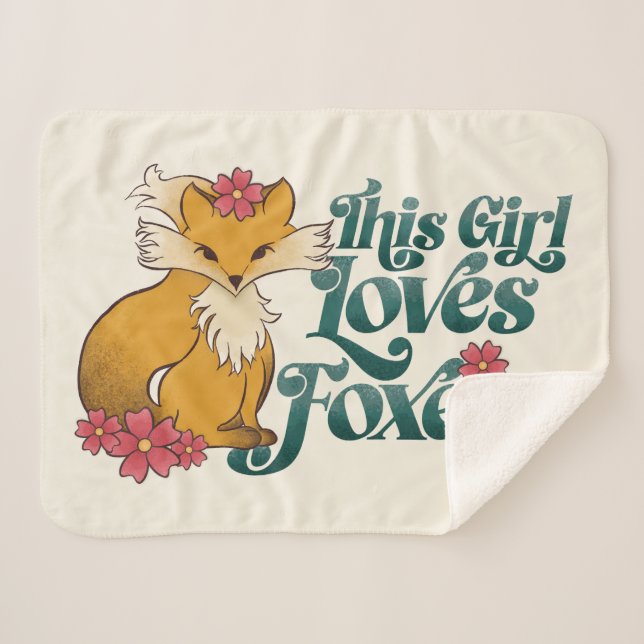 This Girl Loves Foxes with Flowers Sherpa Blanket (Front (Horizontal))