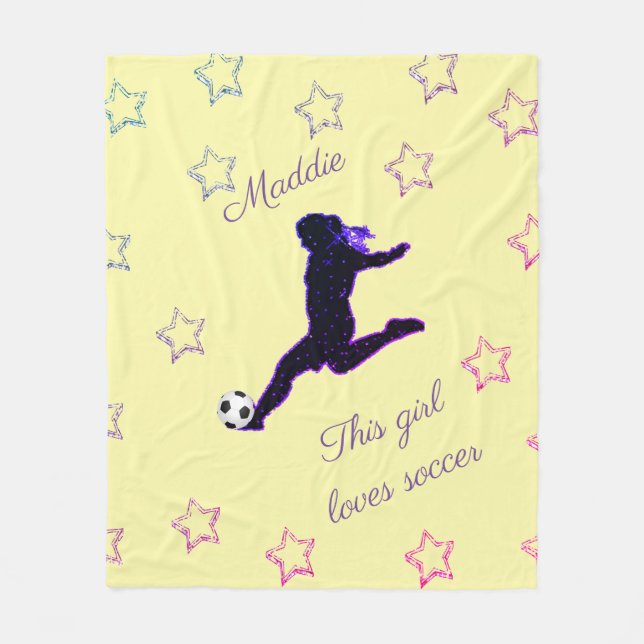This Girl Loves Soccer Stars/Sparkles Pale Yellow Fleece Blanket (Front)