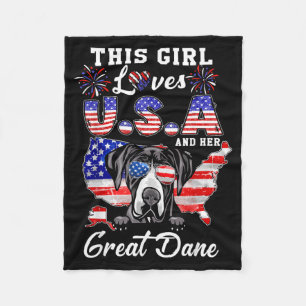 This Girl Loves USA and Dog 4th of July Great Dane Fleece Blanket