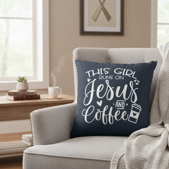This Girl Runs on Jesus and Coffee Cushion (This Girl Runs on Jesus and Coffee Throw Pillow)