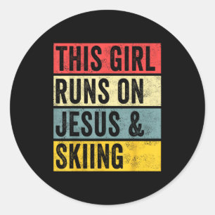 This girl runs on jesus and skiing skier snow jet classic round sticker