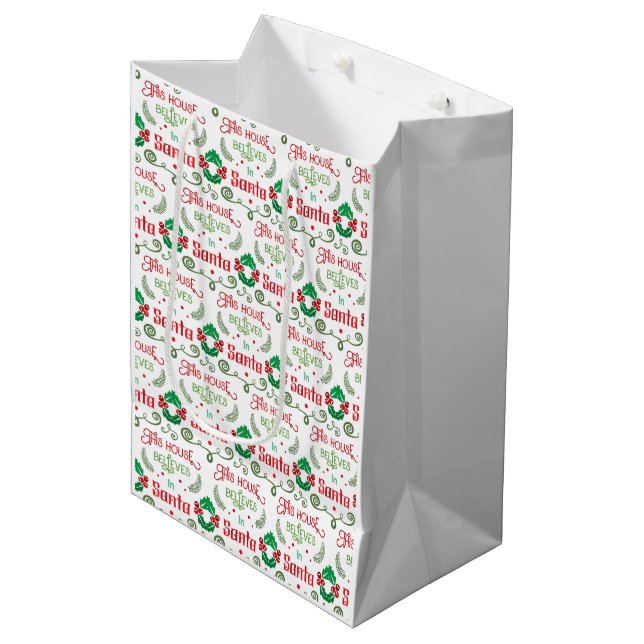 This House Believes In Santa Fun Green And Red Medium Gift Bag (Front Angled)