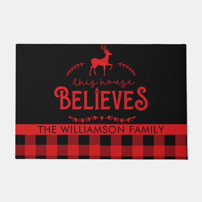 This House Believes Reindeer Plaid Family Name  Doormat (Front)