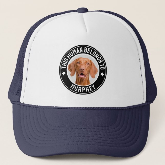 This Human Belongs to Pet Name, Custom Photo Funny Trucker Hat (Front)