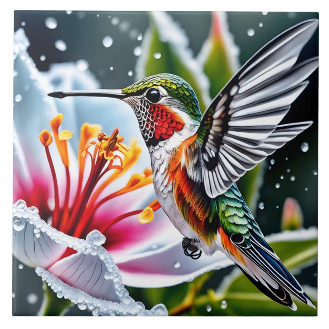 This is a beautiful frosted hibiskus hummingbird b ceramic tile (Front)