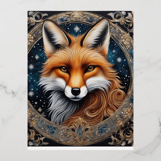 This is an ebony coloured fox centre that has been foil holiday postcard (Front)