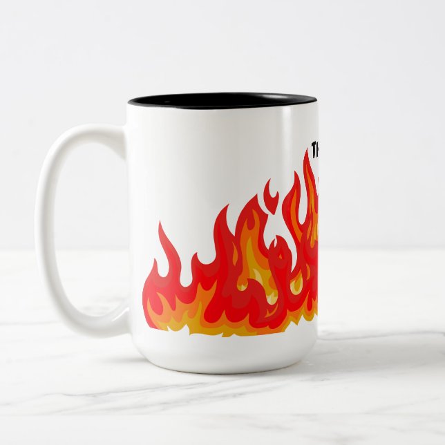"This is fine" (black + fire and flames) Two-Tone Coffee Mug (Left)