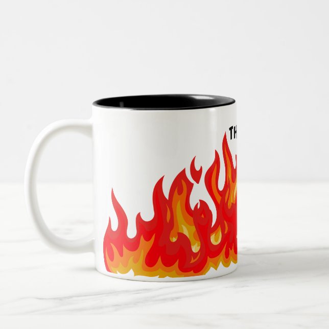 "This is fine" (black + fire and flames) Two-Tone Coffee Mug (Left)
