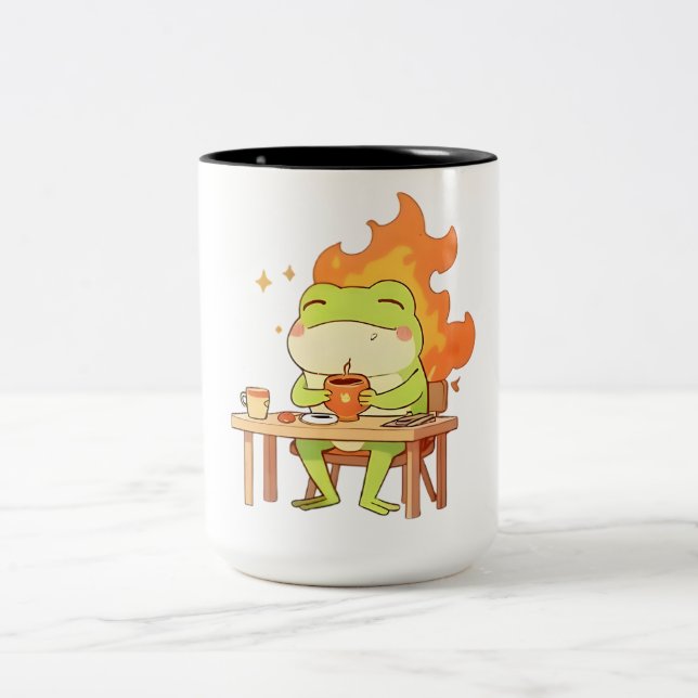 This Is Fine Frog Funny Kawaii Design Two-Tone Coffee Mug (Center)