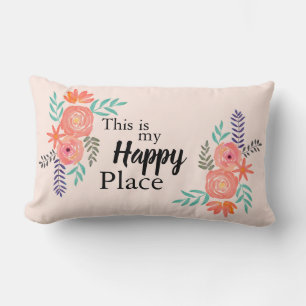 "This is my Happy Place" Quote Watercolor Floral Lumbar Cushion