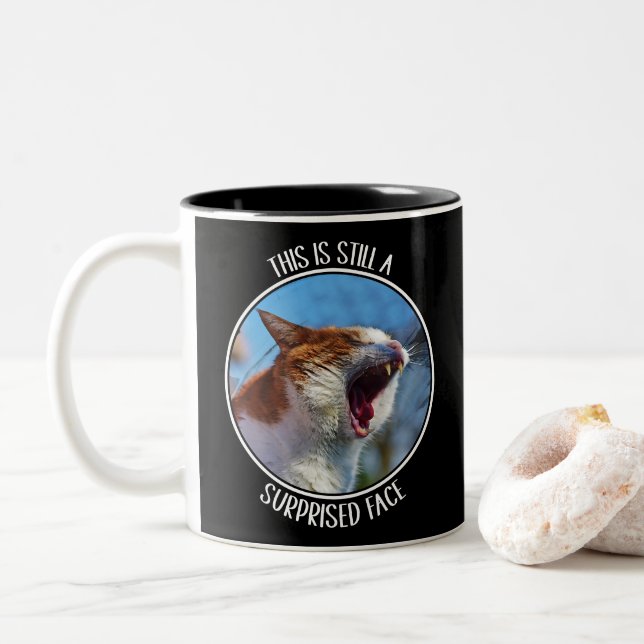 This is Still A Surprised Face Funny Cute Cat Meme Two-Tone Coffee Mug (With Donut)