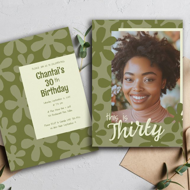 This is Thirty Retro Groovy Flower Photo Birthday Invitation (Creator Uploaded)