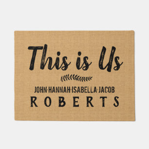 This is Us Burlap Farmhouse Feedsack Custom Names Doormat