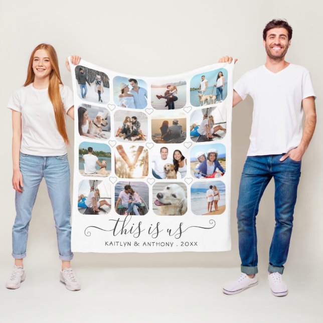 THIS IS US Handwritten Script Hearts 16 Photo Fleece Blanket (In Situ)