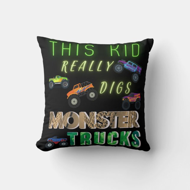 This Kid Really Digs Monster Trucks Cushion (Front)