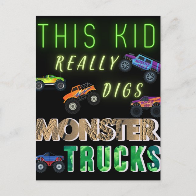 This Kid Really Digs Monster Trucks Postcard (Front)