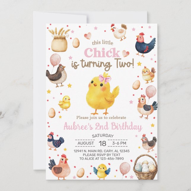 This little chick is turning two girl 2nd birthday invitation (Front)