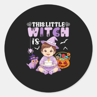 This little witch is 1 year old birthday halloween classic round sticker