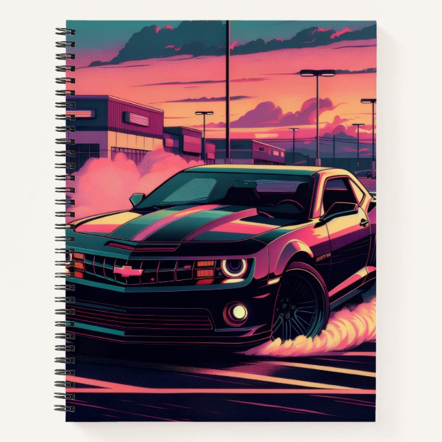 This notebook features a muscle car (Front)