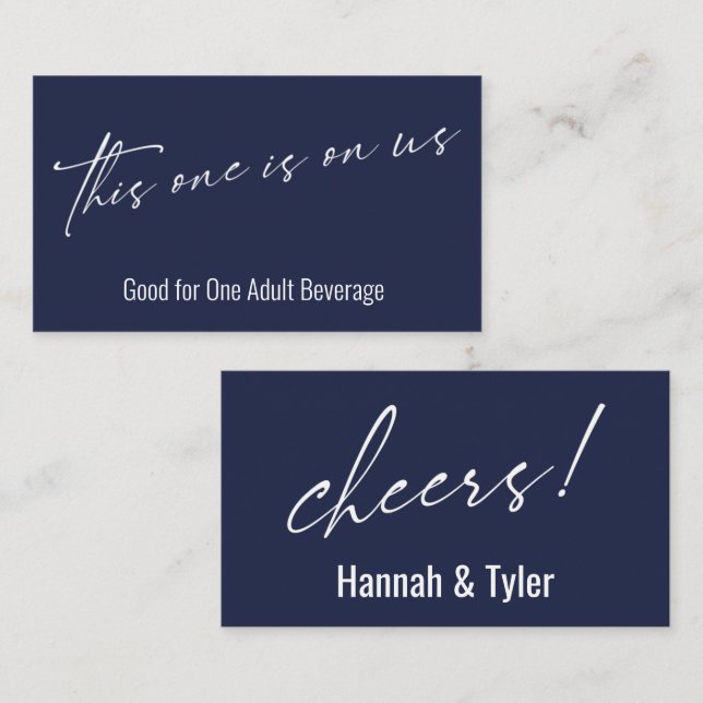 This One is On Us Navy Blue Drink Ticket Enclosure Card (Front/Back)