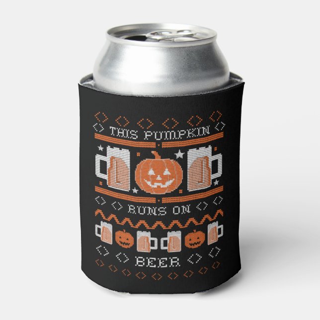 This Pumpkin Runs On Beer Funny Ugly Halloween Can Cooler (Can Front)